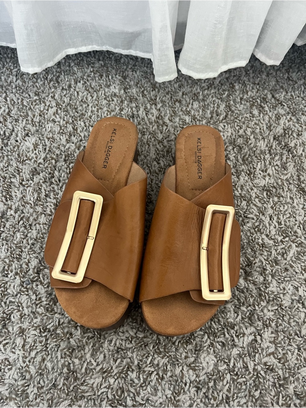 Kelsi Dagger Cognac Leather Slide Mules with Gold Buckles